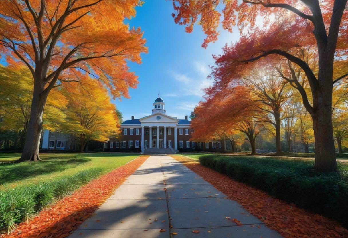 A serene landscape of North Carolina showcasing a peaceful courthouse surrounded by vibrant autumn leaves, illustrating a sense of joy and clarity. Include a central path leading towards the courthouse, symbolizing navigation through legal matters. Integrate icons representing legal updates, like gavel and scales, subtly in the scenery. Bright blue skies and warm sunlight enhance the uplifting mood. super-realistic. vibrant colors. peaceful ambiance.