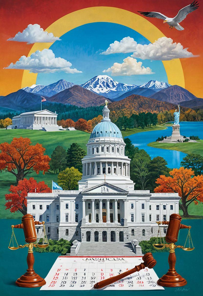 A vibrant collage of North Carolina's judicial symbols, featuring a gavel, a calendar marked with joyful events, and iconic landmarks like the state capitol and beautiful mountains in the background. The image should evoke a sense of community engagement and celebration of justice, with bright colors capturing the essence of joy and optimism. super-realistic. vibrant colors. white background.